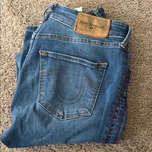 True Religion Slim Straight Jeans in Medium Blue with Red Contrast Stitching